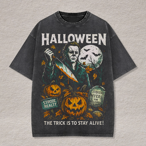 Retro Halloween Characters Washed Cotton Crew Neck T-Shirt