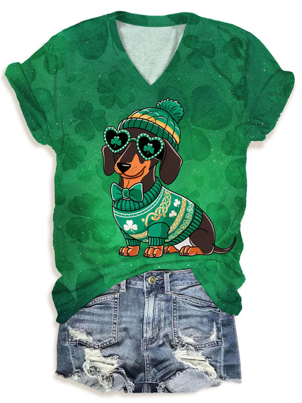 St Patrick Day Dachshund Dog V Neck T-Shirt