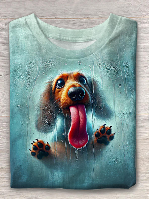 Cute Licking Glass Puppy Print Crew Neck T-shirt