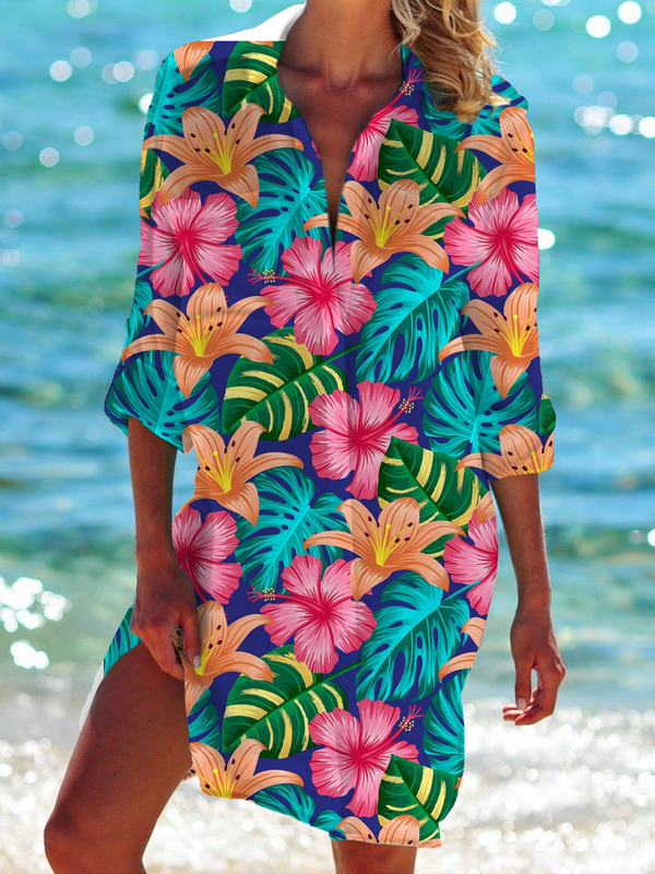 Tropical Leaf Floral Print Long Sleeve Beach Shirt Dress