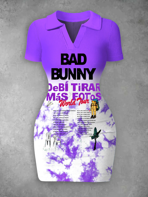 Women's Vintage Puerto Rican Badbunny Print Ribbed Bodycon Mini Dress