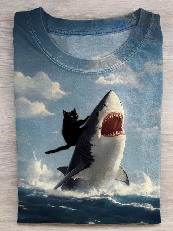 Great White Shark Cat Print Crew Neck T-shirt
