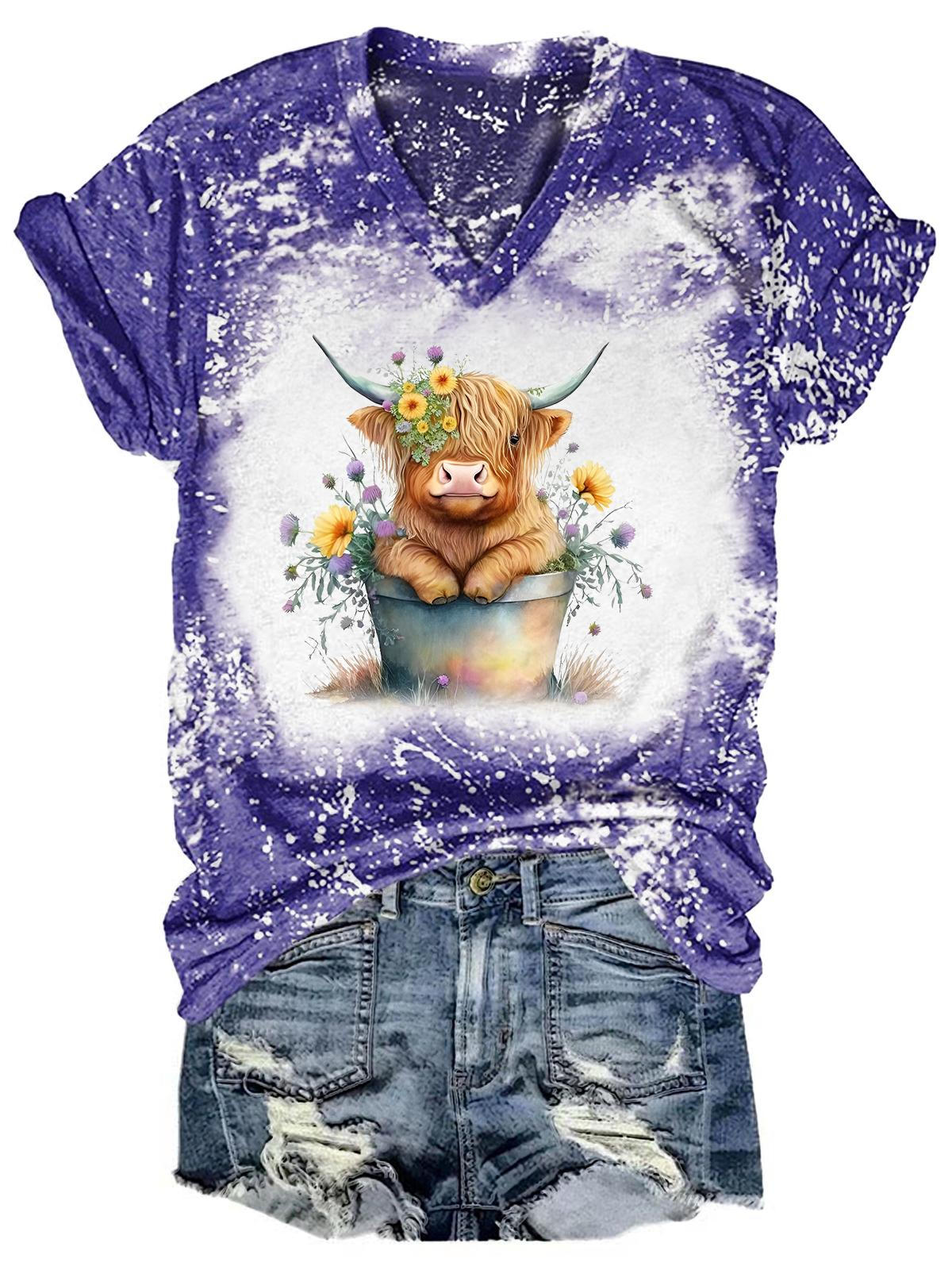 Baby Highland Cow Tie Dye V Neck T-shirt