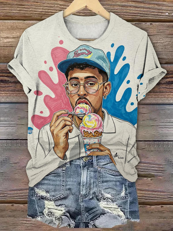 Bad Bunny Eating Ice Cream Portrait Graphic Crew Neck Women's T-Shirt Sweet Tee