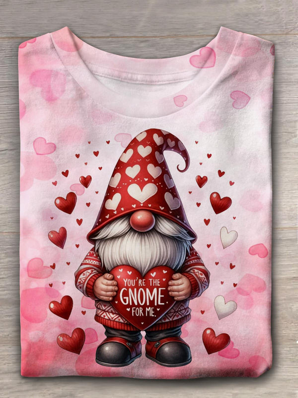 Valentines Gnomes Heart Printed Crew Neck T-shirt