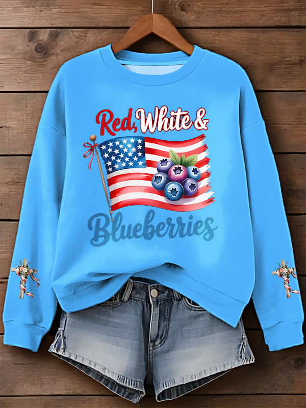 Patriotic 4th of July Red White Blueberries Printed Long Sleeve Casual Top