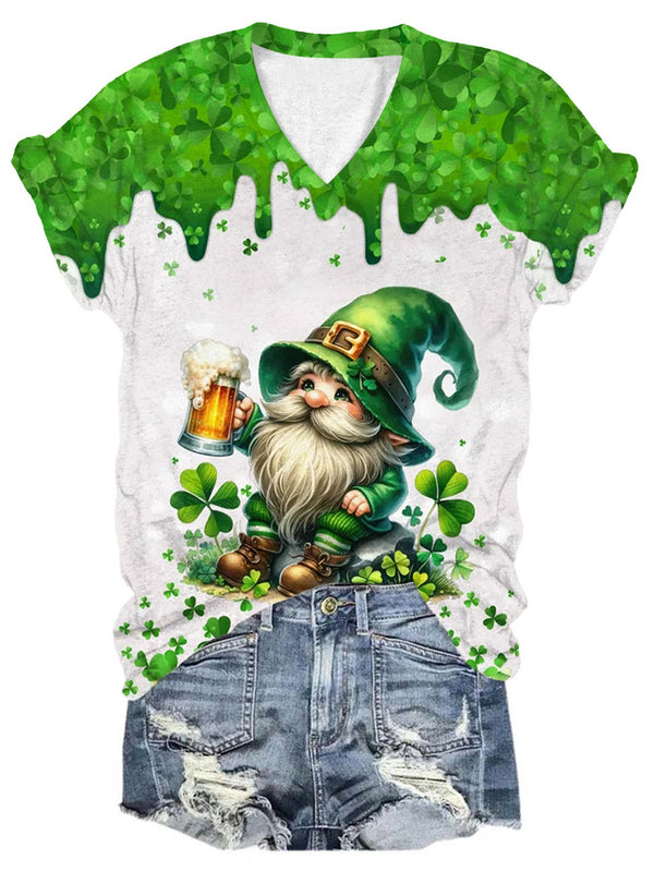 St. Patrick's Day Gnome Beer Print V-Neck