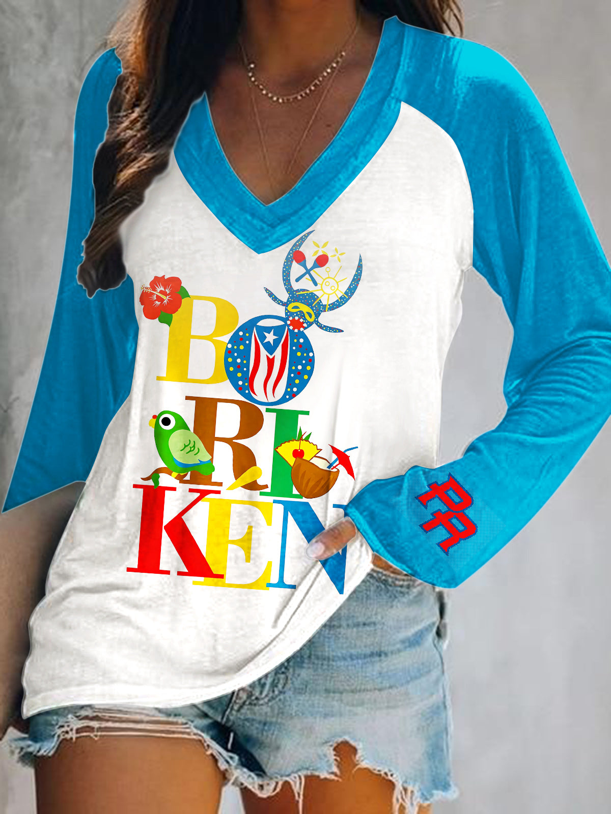Puerto Rican Art Print V-Neck Long Sleeve Top