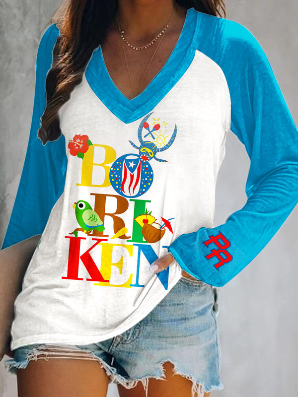 Puerto Rican Art Print V-Neck Long Sleeve Top