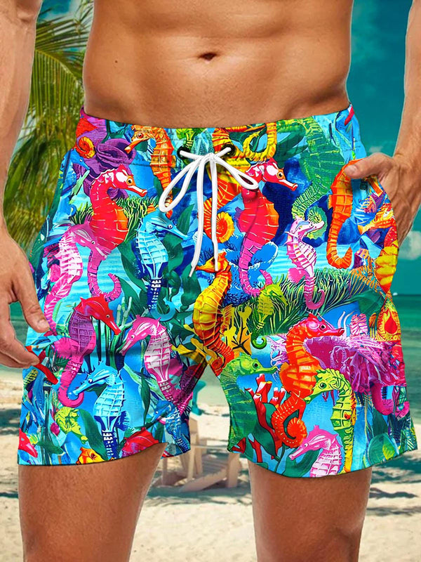Pantalones cortos con bolsillo y estampado de caballito de mar hawaiano para hombre