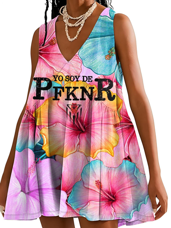 Floral Puerto Rican Print V-neck Sleeveless Dress