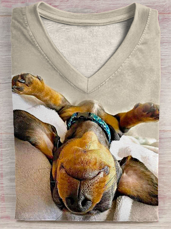 Cute Lazy Sleeping Dachshund Print V-Neck T-Shirt