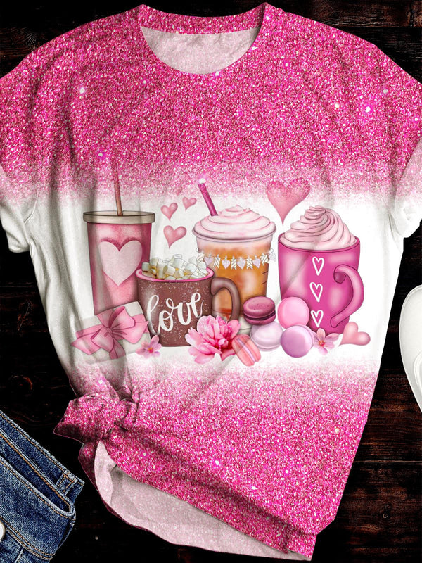 Camiseta de cuello redondo con estampado retro de café y lentejuelas para San Valentín 
