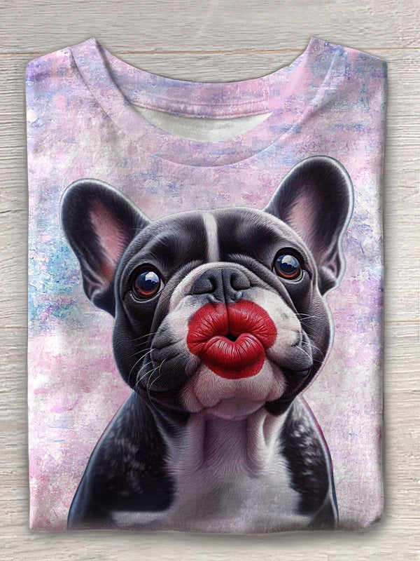 Women's Cute Kissing Puppy Print Crew Neck T-shirt