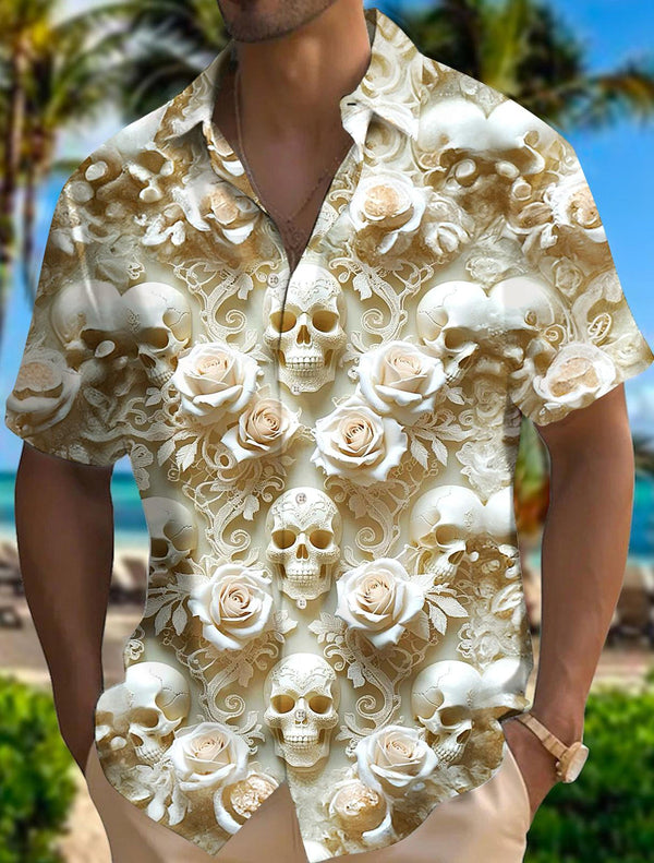 Men's Halloween Skull Embossed Print Short Sleeve Shirts