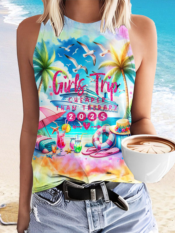 Cruise Ship Girls Vacation Print Casual Sleeveless Top