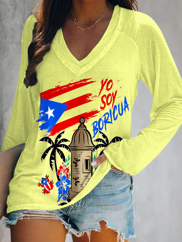 Puerto Rican Badbunny Print V-Neck Long Sleeve Top