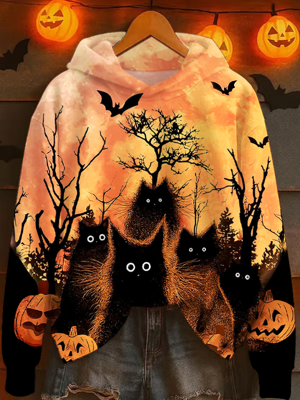 Halloween Pumpkin Black Cat Long Sleeve Printed Hoodie