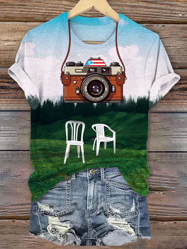 BadBunny Camera Print Crew Neck T-shirt