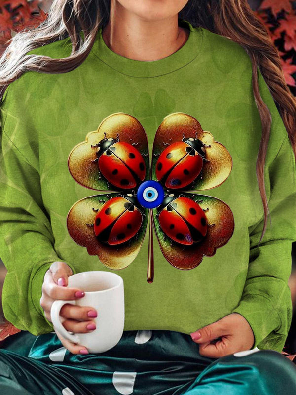 St Patrick Clover Ladybug Printed Long Sleeve Casual Top