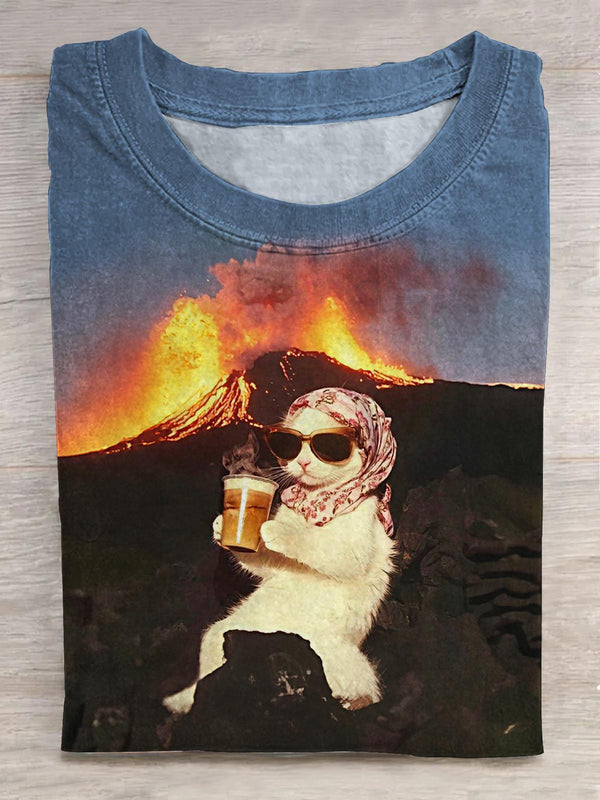 Cute Coffee Volcano Cat Print Crew Neck T-shirt