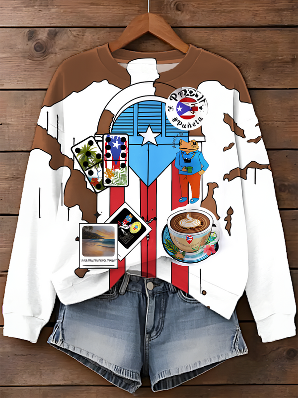 Vintage Travel in Puerto Rico Printed Long Sleeve Casual Top