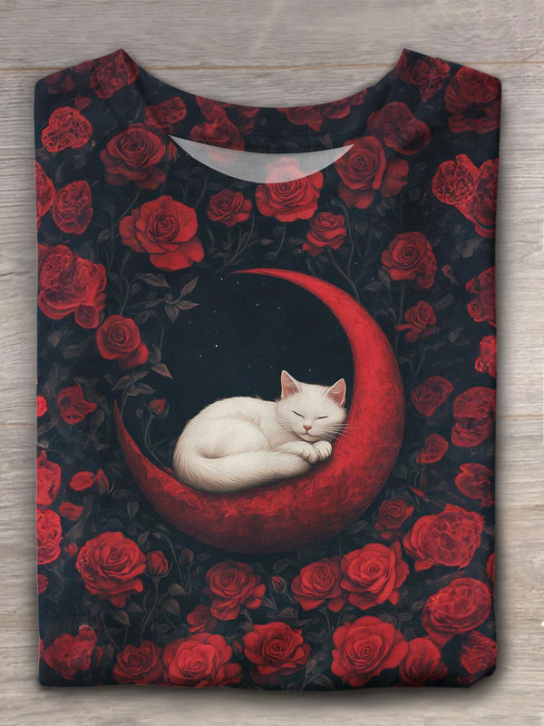 Moon Cat Valentines Crew Neck T-shirt