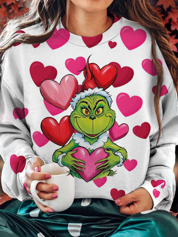 Cute Green Monster Holding Hearts Printed Long Sleeve Casual Top