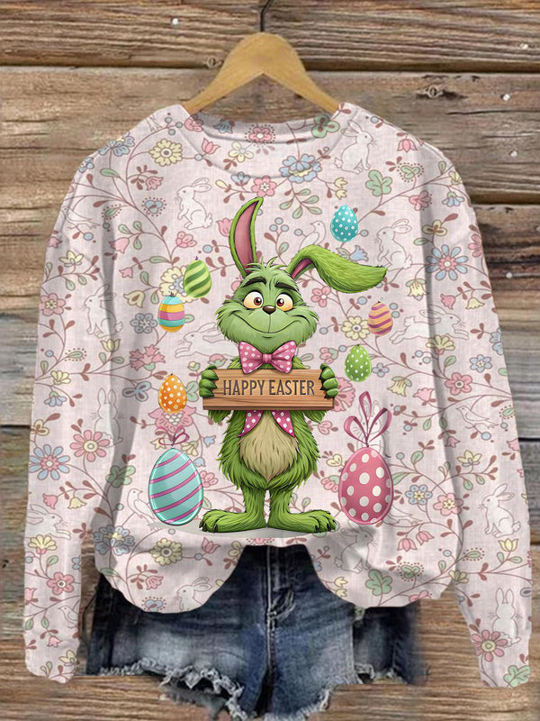 Green Bunny Happy Easter Printed Long Sleeve Casual Top