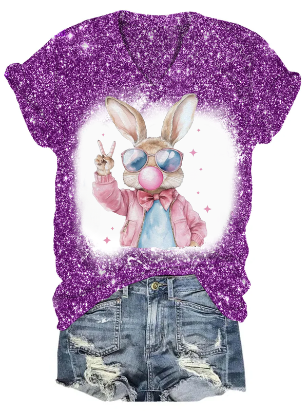 Glitter Easter Bunny Coquette V-Neck T-Shirt