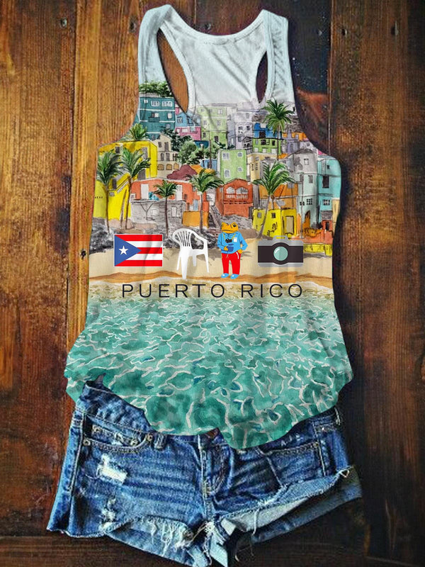 Puerto Rico Beach Town Scenic Graphic Women's Tank Top Cool Coastal Vacation Cami