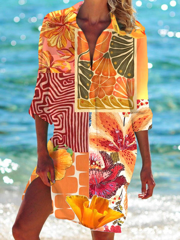 Vestido playero de manga larga con mosaico de flores tropicales 