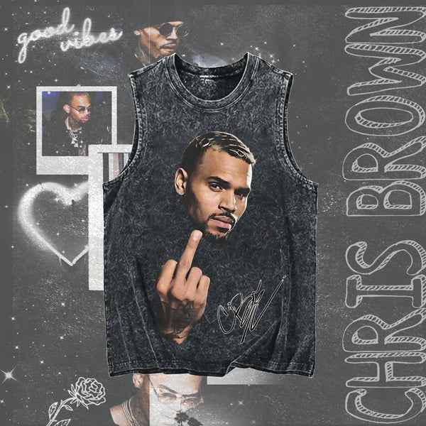 Chris Brown Washed Cotton Round Neck Sleeveless Vest