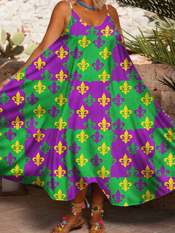 Women's Mardi Gras Fleur-de-Lis Pattern Printed Casual Spaghetti Strap Dress