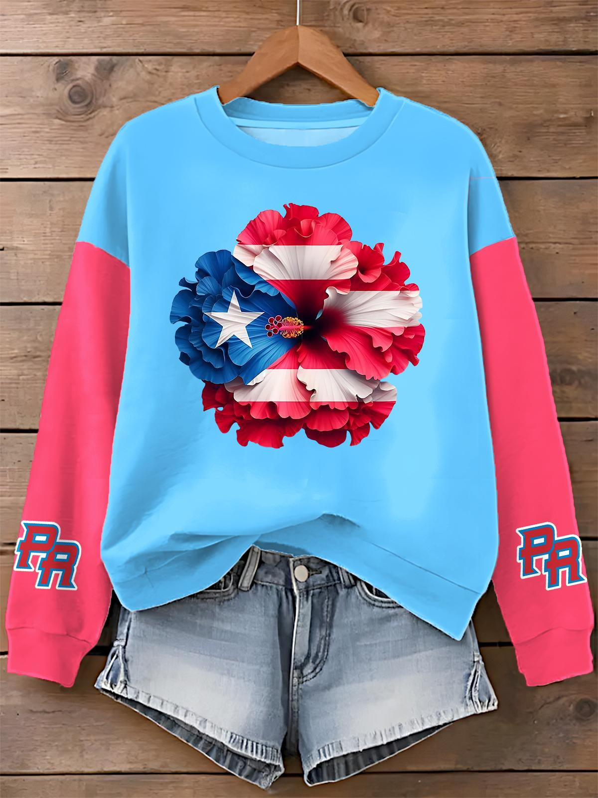 Puerto Rican Print Long Sleeve Casual Top