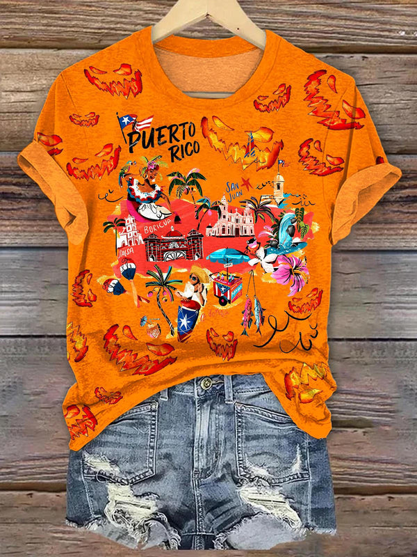 Puerto Rican Halloween Print Crew Neck T-shirt