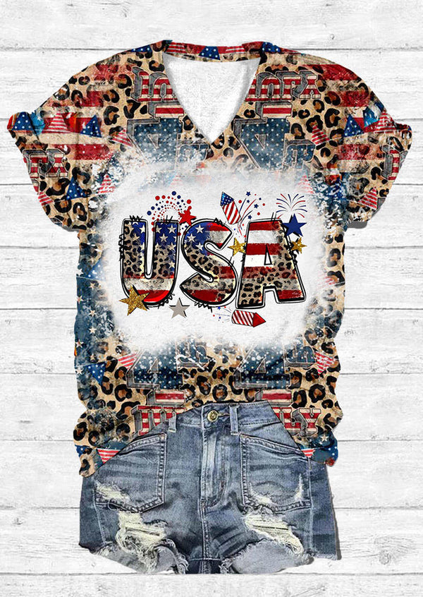 USA flag leopard printV-Neck Short Sleeve T-Shirt