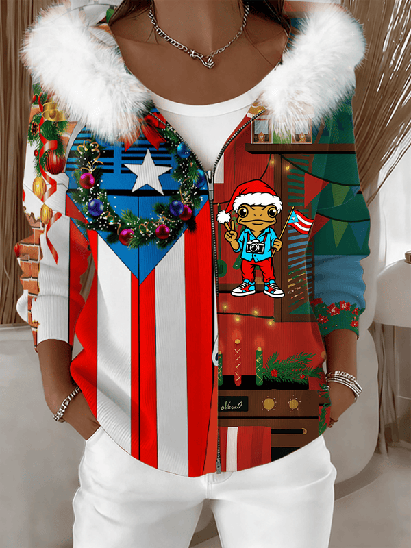 Women's Puerto Rico Christmas Fur Collar Zipper Hoodies