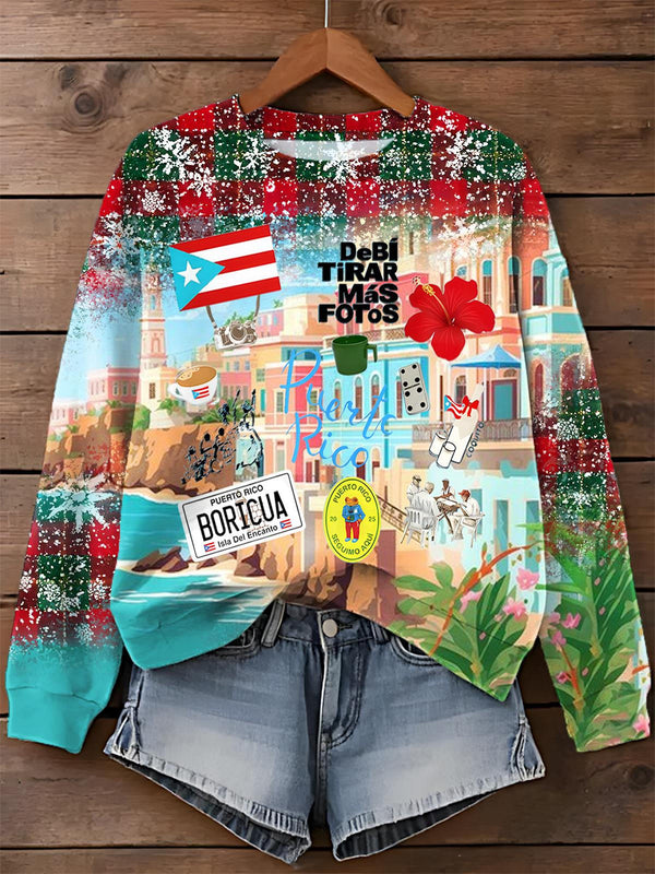 Puerto Rican Christmas Print Long Sleeve Casual Top