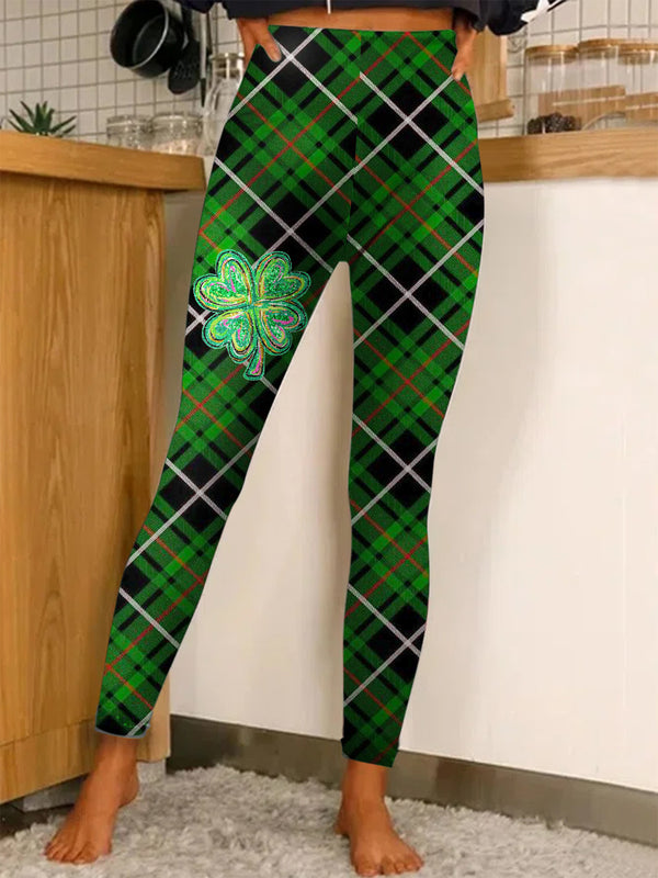 Lucky Four Clover Plaid Print Leggings