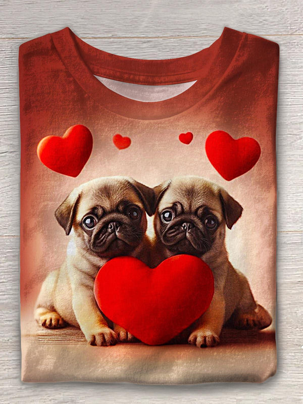 Cute Valentine's Day Heart French Bulldog Print Crew Neck T-shirt