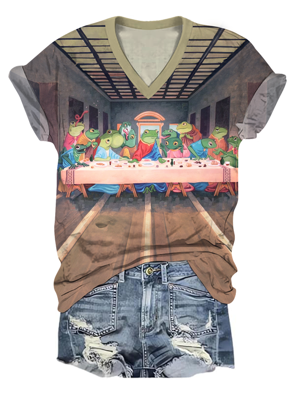 Renaissance Frogs Last Supper Christian V-Neck T-Shirt