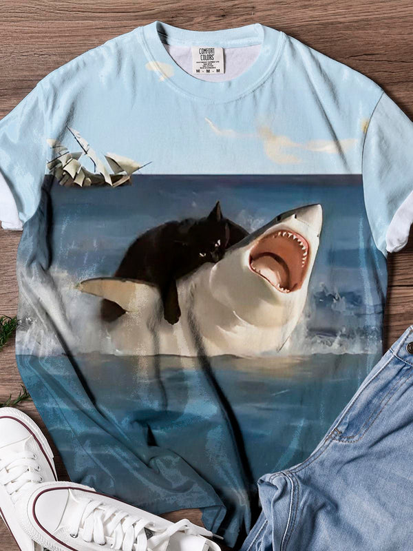 Warrior Cats Vs Sharks Ocean Vacation Print Casual T-shirt