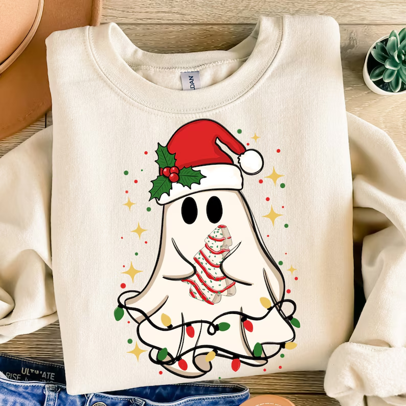 Cute Christmas Ghost Tree Cake Retro Sweatshirt