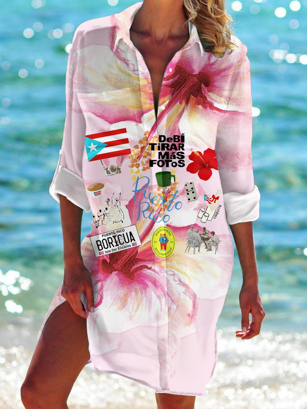 Floral Badbunny Long Sleeve Beach Shirt Dress