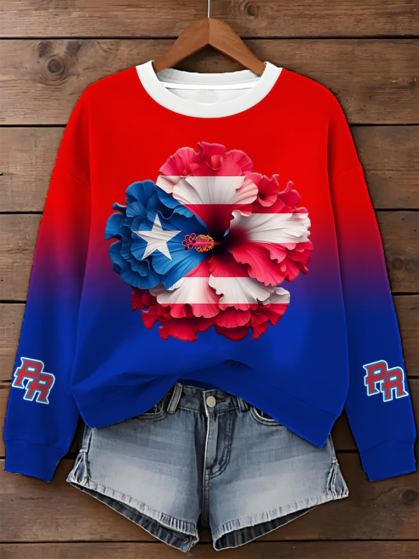 Puerto Rican Flag Flower Printed Long Sleeve Casual Top