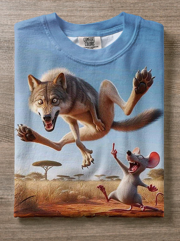 Funny Mouse And Wolf Funny Print Crew Neck T-shirt