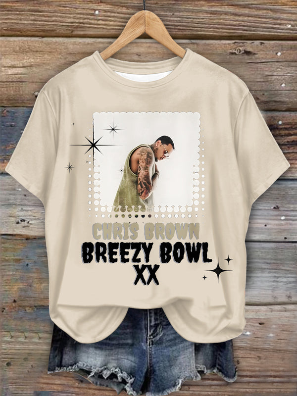 Camiseta de cuello redondo con estampado de letras y retrato artístico minimalista de Chris Brown 