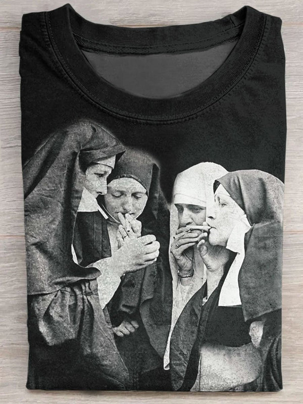 Retro Funny Nun Print Crew Neck T-shirt