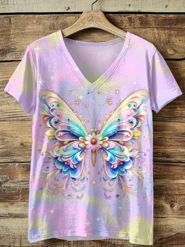 Fantasy Floral Butterfly V-neck T-Shirt